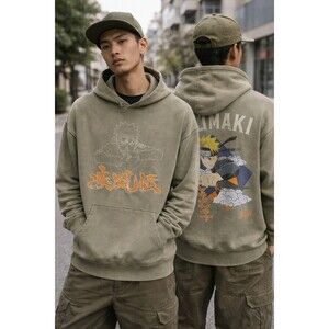 Naruto Shippuden Hoodie Small Olive Camo Distressed Wash Anime Graphic